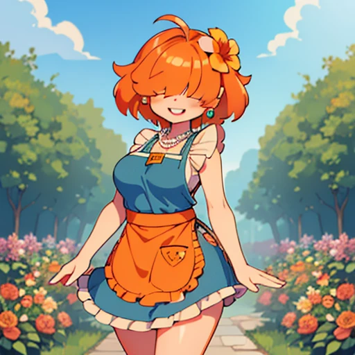 ,High quality,Female ,((hair covering eyes,fluffy hair,short hair,Teeth,smiling,(breasts),solo,orange hair,toned,Earrings,Curvy legs,2 arms, Pearl Necklace,denim apron,in a garden,She has a flower in her hair