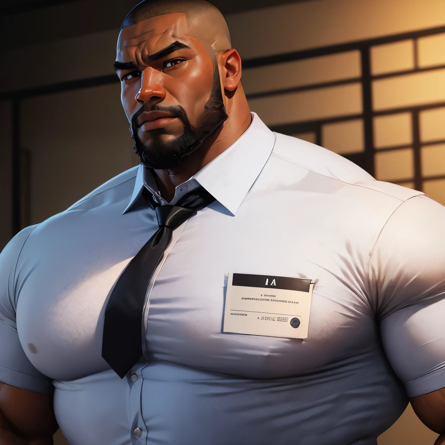 an exaggeratedly muscular and large bodyguard, beefy build, beard, dark-skinned african american male, buzzcut hair with square line, (wearing casual business shirt and tie: 1.2), name tag, (bara pecs: 1.3), (arm and chest hair: 1.1), close-up portrait HD, grungy prison cell