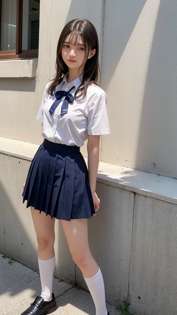 (8K, Photorealistic, Raw photo, of the highest quality: 1.3), (1girl in), Super beautiful, (Realistic face), (boyish, Silver Color Berry Shorthair), Beautiful , Glare that captivates the viewer, Beautiful expression, Beautiful , (Realistic skin), Be...Super high quality, super high definition, super detailed, masterpiece, “The thought of Aoyama, a 17-yearchool girl with light brown long hair tied up high with tte. She wears a navy blue sailor and a navy blue skirt uniform with a red ribbon, white loose socks, loafers, has big eyes, and is a beautiful girl.”standing, whole body, composition that shows the whole body, smiling