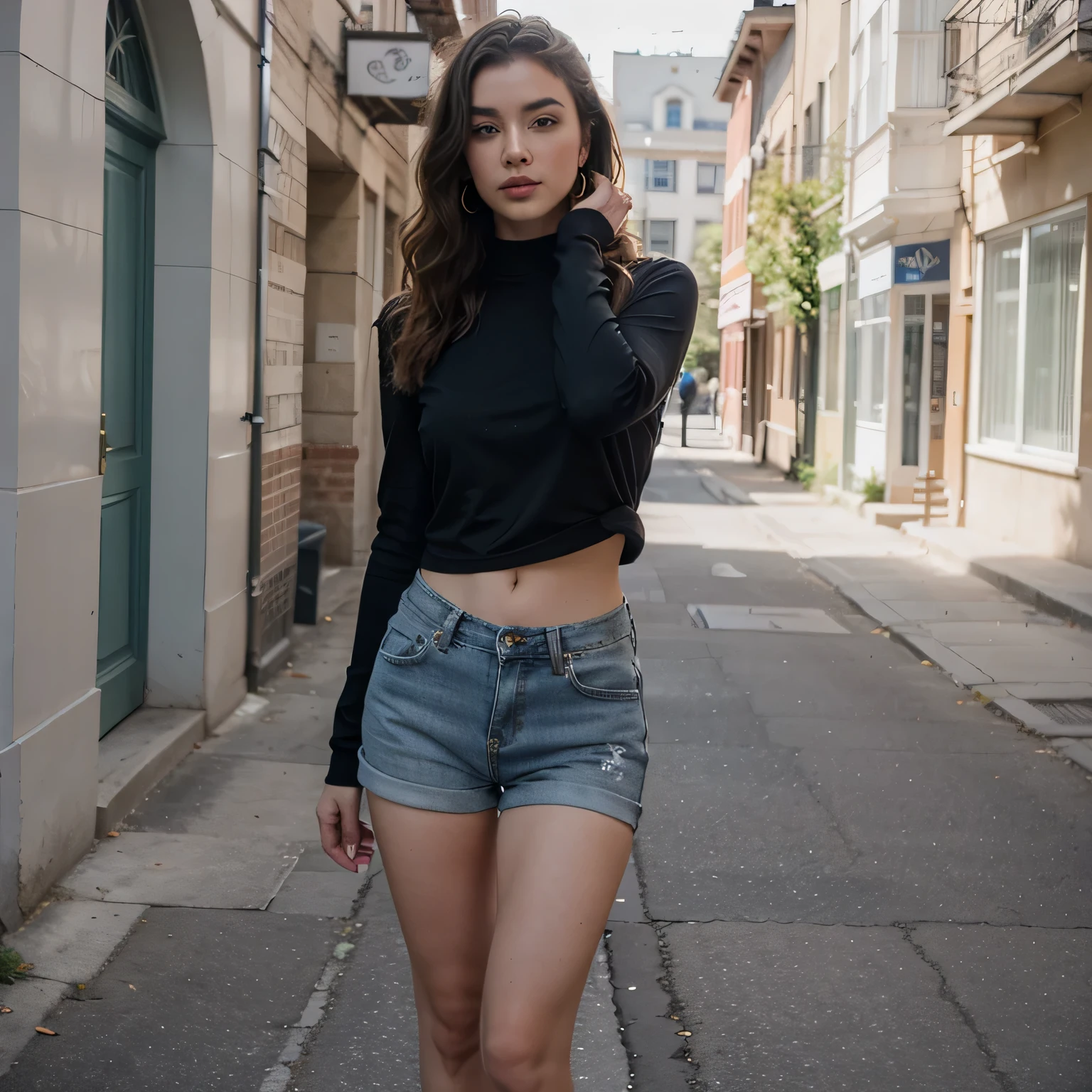1girls, Nur, green Hair , 24 years old , A beautiful woman is standing with her legs apart, wearing a tight-fitting black blouse that accentuates her slim body, denim shorts, black high-heeled shoes, large and chic gold-colored earrings, wavy hair, minimal makeup, and a striking lipstick. She has a slim, fit body with thick thighs, creating romantic compositions. Street