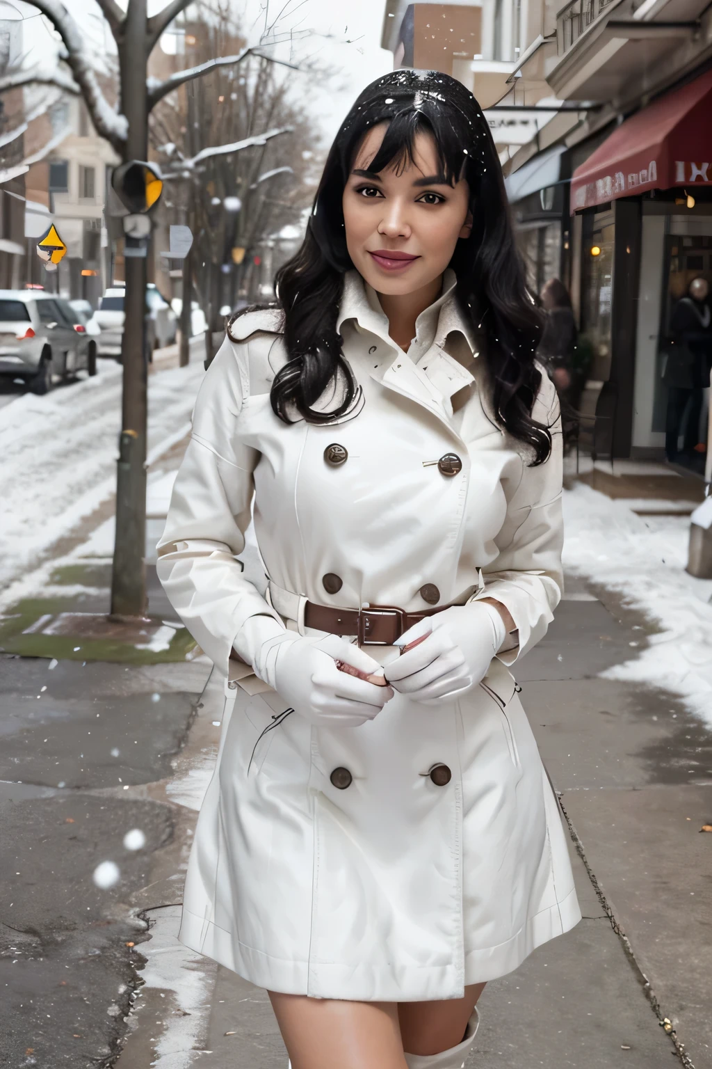 30 years old bettie page, makeup, olive skin, curly black hair (middle lenght), outside in front of the coffee shop , winter times, snow falling, daylight seductive smile,maxy  white leather trench , white wool sweater, high white boots, maxy wool skirt, white cloth gloves, , high detail face, high detail clothes, ultrarealistic, dark shot, cinematic, professional photo 32k, Ultra HD 