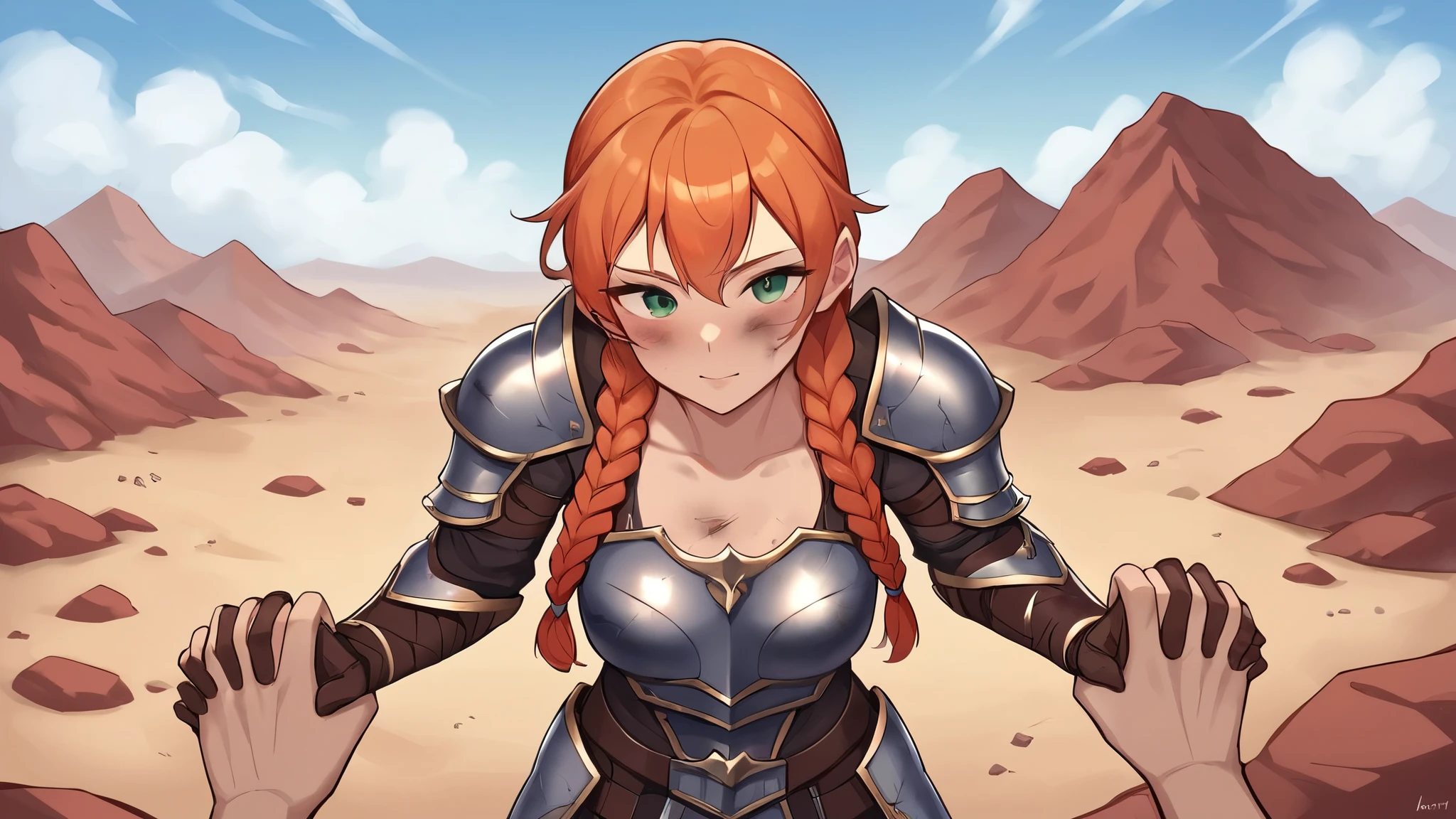 check_9, check_8_up, check_7_up, check_6_up, check_5_up, check_4_up,((1 girl) ), on open air,beautiful feminine fmgura,(sexy elegant ninja armor)),(dirty armor),((chest-fitting armor)),( armor in blood) , One, green eyes, desert red canyon, orange hair with long braids, I look at the viewer, wild hair,( cracked armor,Ragged Armor),breastplate, upper body, day, sky, (laughs a lot) , blush,((all body:1.3)),(((reach out to the viewer:1.1))) , (((IncrsHoldingHandsPov, holding hands, pov hands, )))
