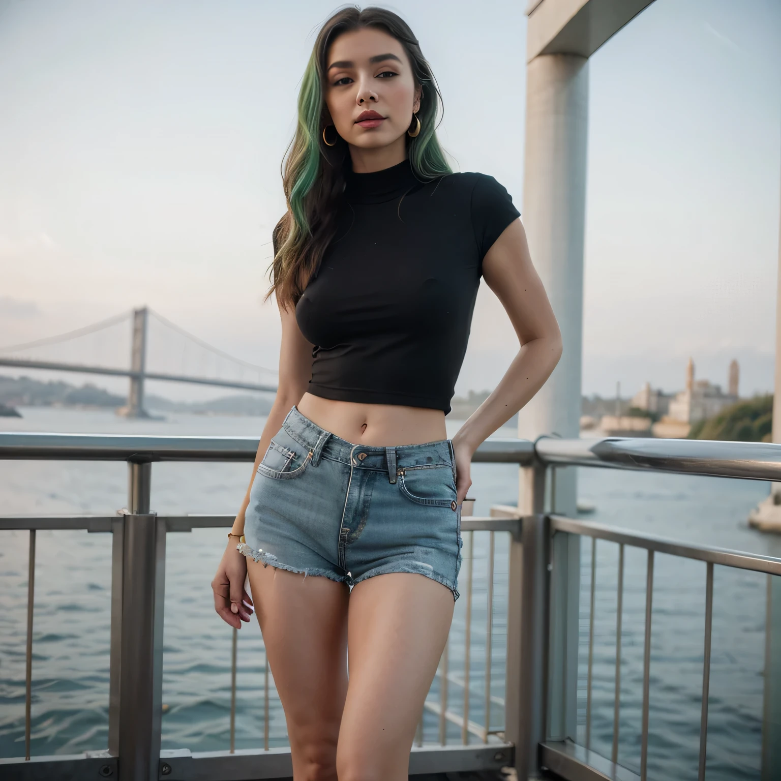 1girls, Nur, green Hair , 24 years old , A beautiful woman is standing with her legs apart, wearing a tight-fitting black blouse that accentuates her slim body, denim shorts, black high-heeled shoes, large and chic gold-colored earrings, wavy hair, minimal makeup, and a striking lipstick. She has a slim, fit body with thick thighs, creating romantic compositions. In the Istanbul Bosporus