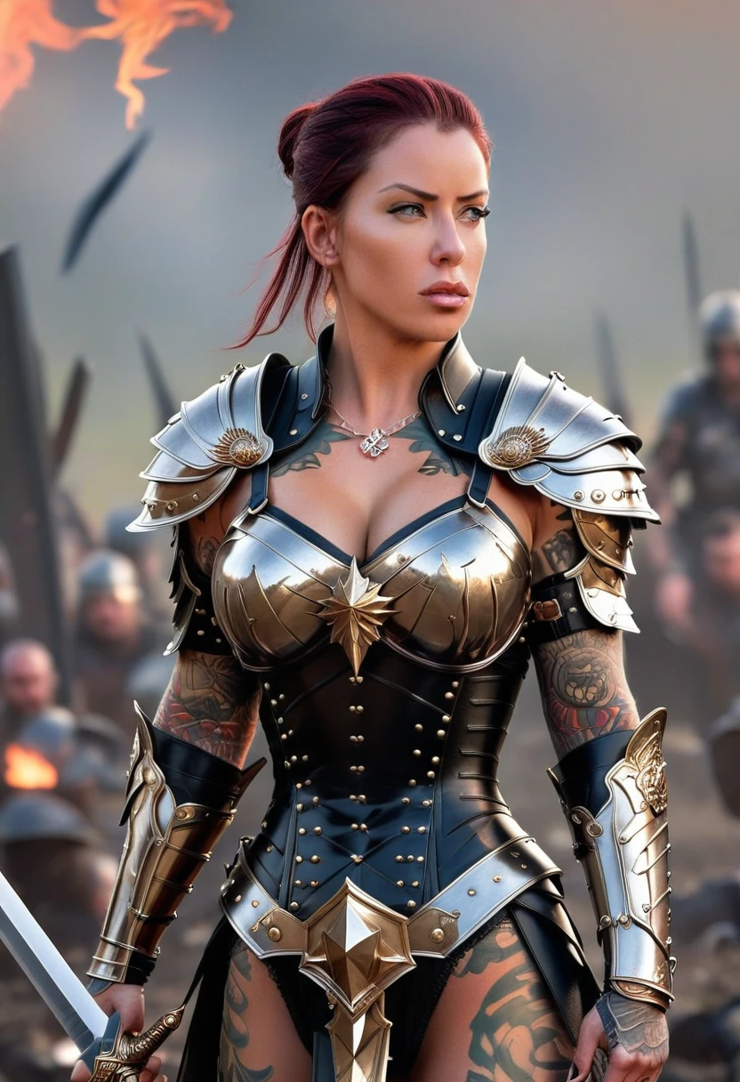 Generate a realistic portrayal of Laurence Bedard as a fearsome warrior in a mythical realm. Clad in intricately crafted armor that complements her full-body tattoo, she exudes strength and power. With a gleaming sword in hand, Laurence stands ready to defend her kingdom against any threat. The backdrop of the scene is a sprawling battlefield, where the clash of steel echoes through the air, and the flames of war rage on the horizon.