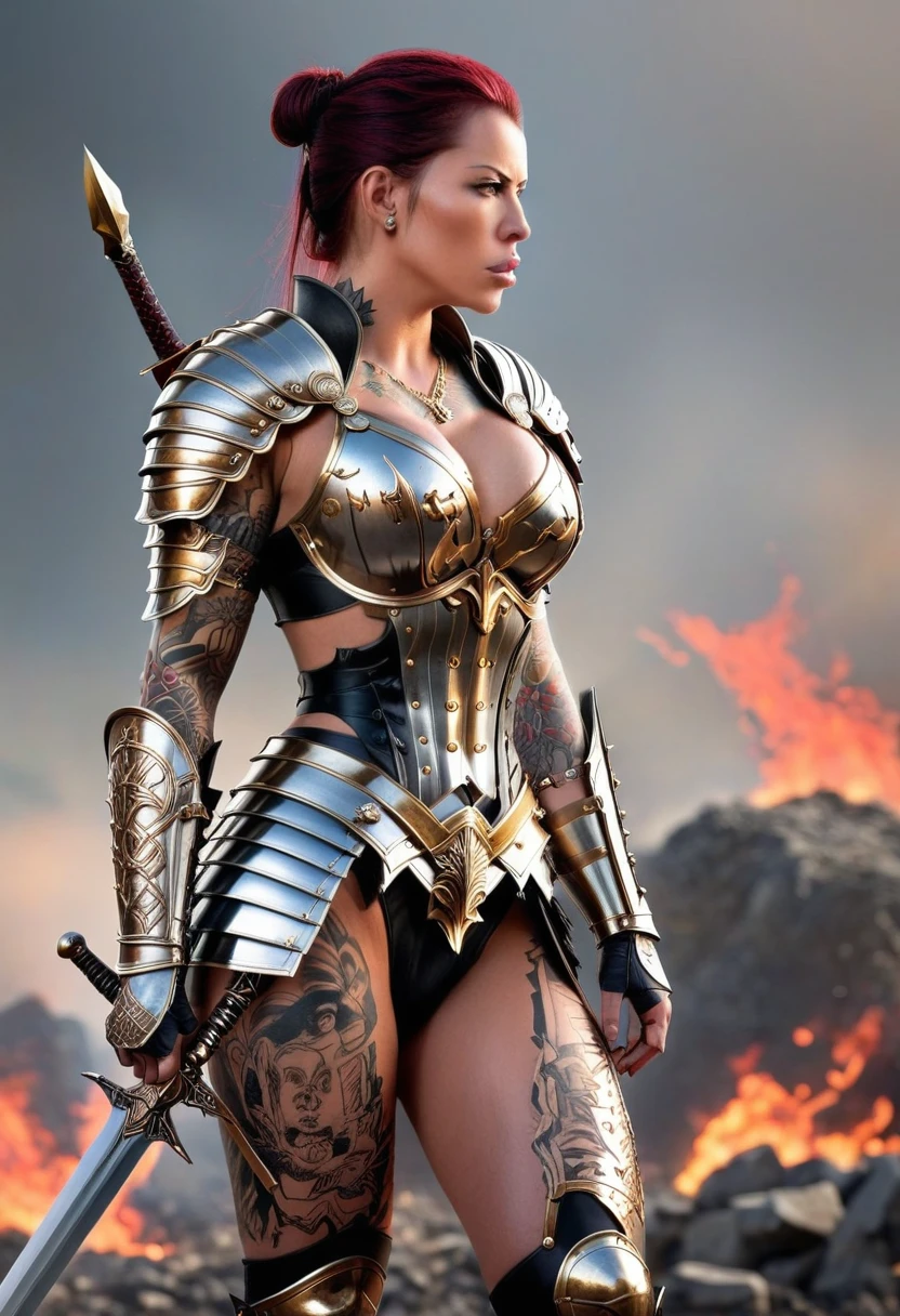 Generate a realistic portrayal of Laurence Bedard as a fearsome warrior in a mythical realm. Clad in intricately crafted armor that complements her full-body tattoo, she exudes strength and power. With a gleaming sword in hand, Laurence stands ready to defend her kingdom against any threat. The backdrop of the scene is a sprawling battlefield, where the clash of steel echoes through the air, and the flames of war rage on the horizon.