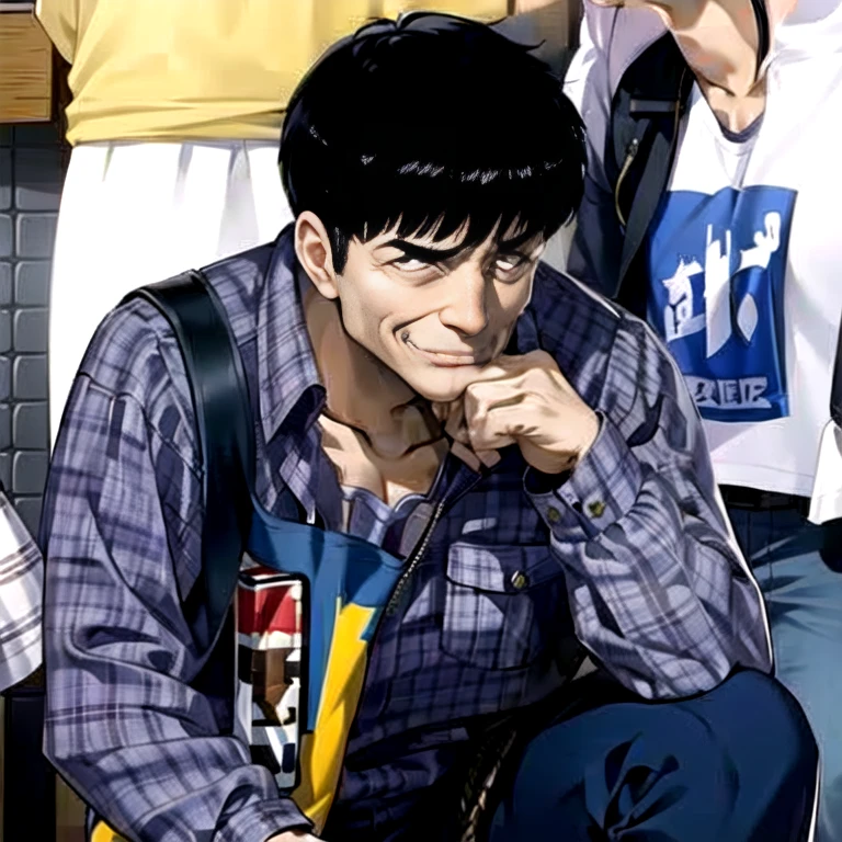 Uncle, realistic, black hair, The crew cut their hair, alone, staring into the distance, Looking in the right direction, Light purple clothes, flannel shirt, white t-shirt inside, Shoulder bag, evil smile, Place your elbows on your knees, one knee, put your hand on your chin, black skin_male,