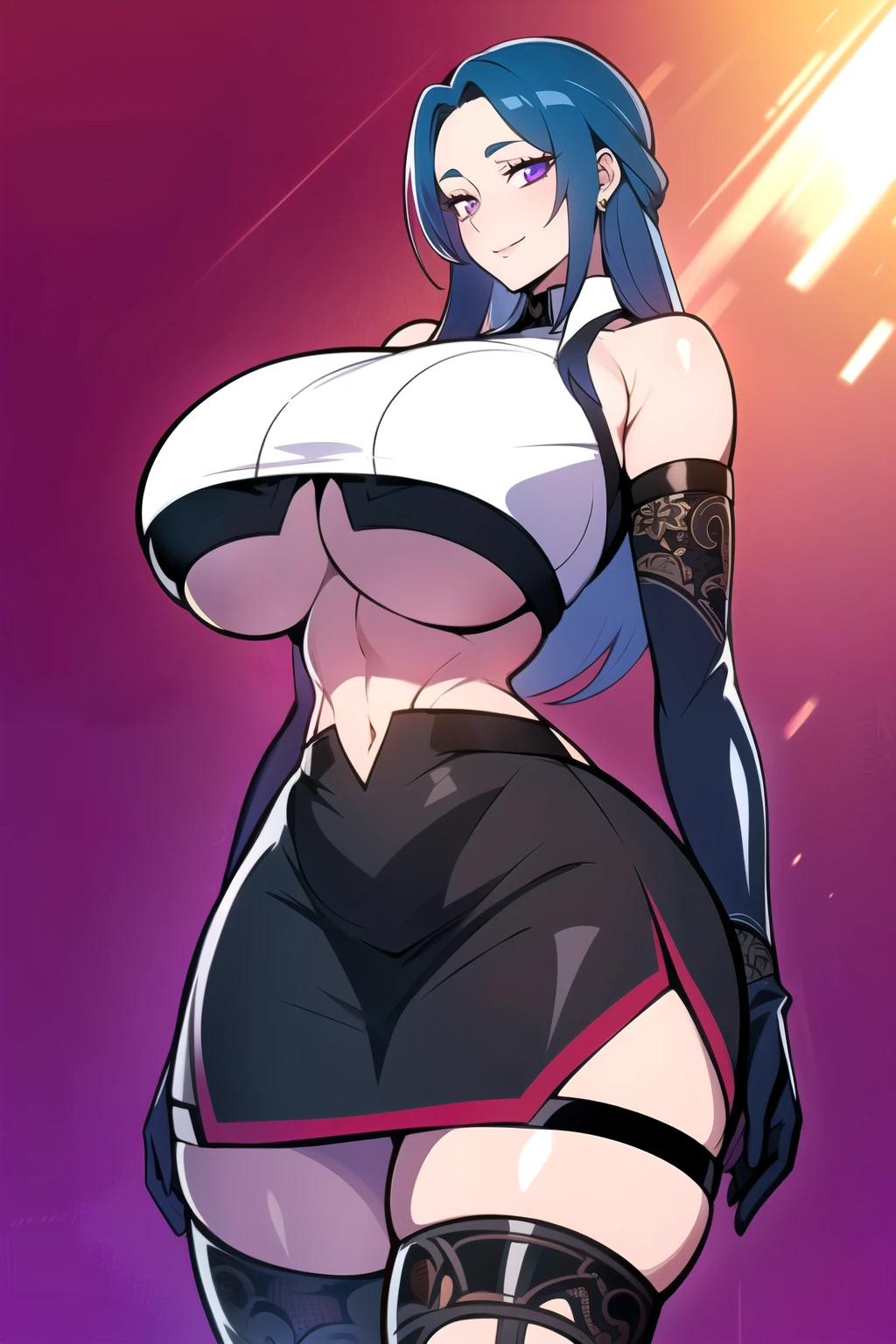 ultra realistic 8k cg, masterpiece, ((ultra detailed background,  intricate detail, highly detailed, fine details best quality, hyperdetailed face)), gigantic breasts ,beautiful lighting, absurdres, BoaHancockV2,  1girl, solo, (Blue hair), long hair, jewelry, closed mouth, ), ((black crop top : 1.1), (underboob : 1.4), elbow gloves, thigh boots, split skirt, bare shoulders, curvy, midriff, curvy, thighs, shiny clothes), violet eyes, complex detailed background, inside, luxury palace), ((cowboy shot)), curvy, (gigantic breasts: 1.1), seductive smile, cowboy shot,