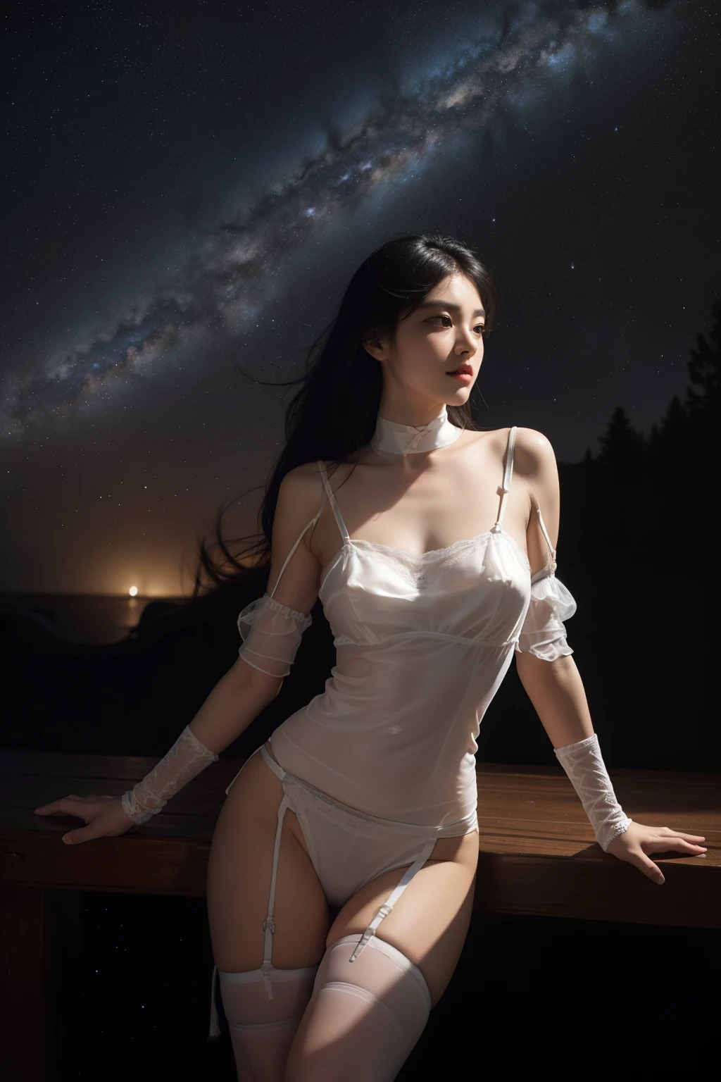 ((table top:1.4, highest quality)), (realistic pictures:1.4), ((1 girl)), glossy black hair, (超High resolution:1.2), very delicate and beautiful, wonderful, Highly detailed CG Unity 8K wallpaper, Super detailed, High resolution, soft light, beautiful detailed girl, highly detailed eyes and face, beautifully detailed nose, beautiful and detailed eyes, (white silk garter belt:1.4), cinematic lighting, perfect anatomy, slender body, firm chest, (Constructing the Night Sky), (Star of the sky:1.4), (The beauty of the light of the Milky Way galaxy:1.4), (Beautiful form with an inorganic atmosphere), cowboy shot, The feet are sticking out of the frame, looking at the viewer