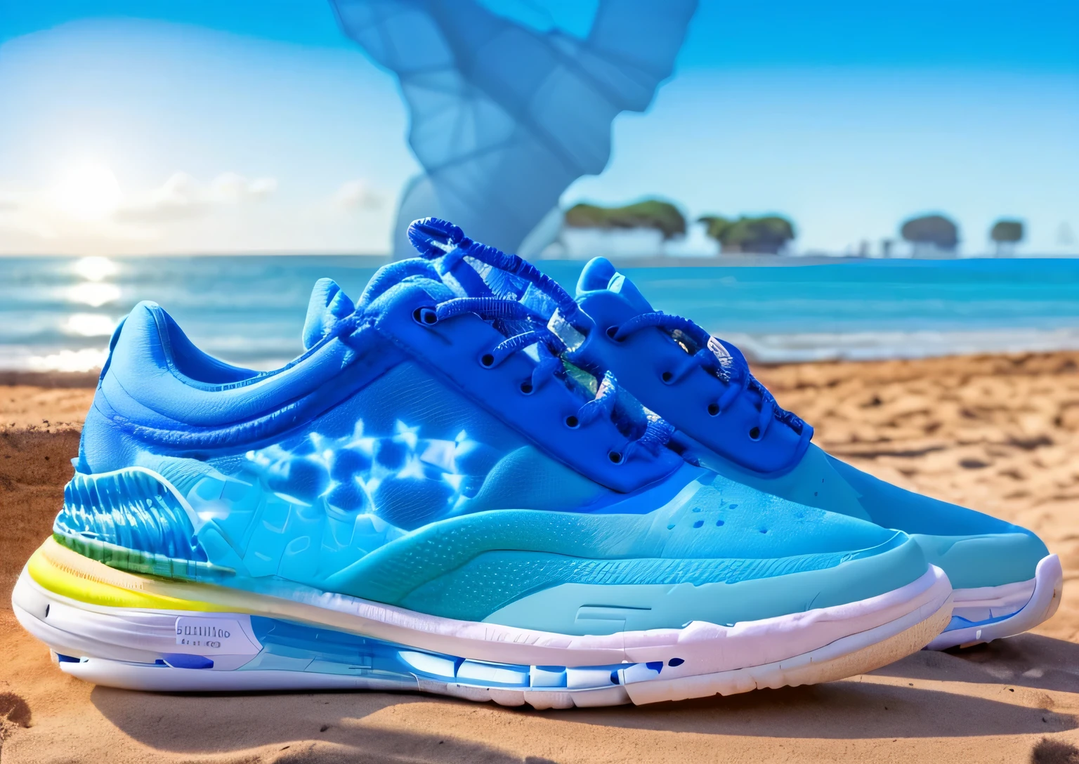 arafed pair of blue sneakers on a beach near the ocean, ( ( ( ( ECOWAVE) ) ) ), cercetas, Kauai, no oceano, ( ( ( ECOWAVE) ) ), primorosamente detalhado, por Kuno Veeber, perto do mar, desgastado, running shoes, cerceta, cerúleo, costa, inacreditavelmente lindo, tennis photo, Turquesa