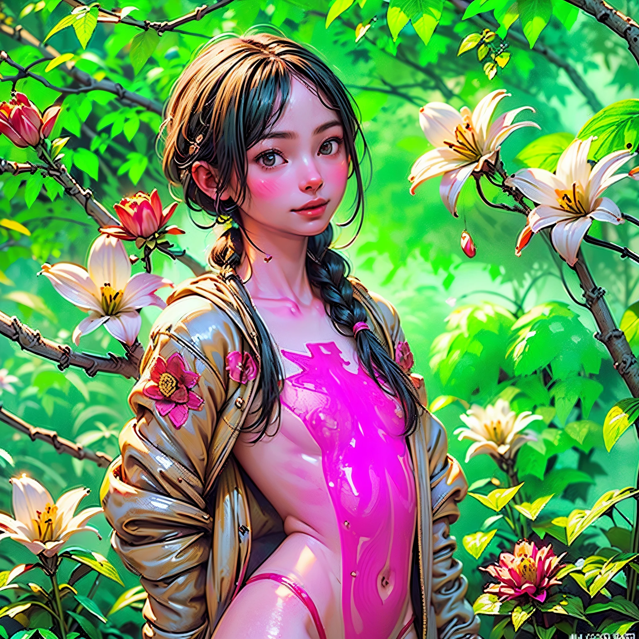 (((Create one girl 16+ years old.), (realistic), (close-up), (stands all tall), (mysterious))_((Girl), (green:1.5, orange:1.1, white:1.3, yellow:1.3))_((very sexy girl with dreadlocks), (tattoos), (naked parts of the body), (down jacket: 1.2),(jacket on the naked body, T-shirt, thong))__))_((Beautiful figure, half-turn16+ years),(realistic)),((small peach breasts, graceful figure, narrow waist, smooth hips)),((long double braids),(tight braids), (braided hair),(dark hair) ),((red lips)), ((smile)))_ ((((Shiny skin:1.5, white skin, light skin: 1.5)),((sexy), (cute))_((fractals, Flowers, leaves, fog, lilies, circles background))_((Chiaroscuro, contrast, warm - cold), (atmospheric visualization), (best quality), (Virtual realism))_)))_(((Digital painting, style anime, cyberpunk), (best quality, 4k, high resolution, masterpiece: 1.2)),((ultra detail)),((realistic, photorealistic, photorealistic: 1.37)))_(((Soft clear shapes, wide strokes, attention to detail)))_(((High quality, 16K | Ultra HD | Full