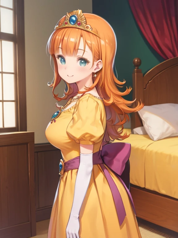 masterpiece, highest quality, Medium wide shot、cowboy shot、1　mature woman、big breasts、dqLaura, orange hair、tiara, necklace, yellow dress, elbow gloves、tiara, orange hair, long hair, big , butt, necklace, yellow dress, elbow bag, looking at the viewer, smile, bedroom, bed, bedに横たわっている, 