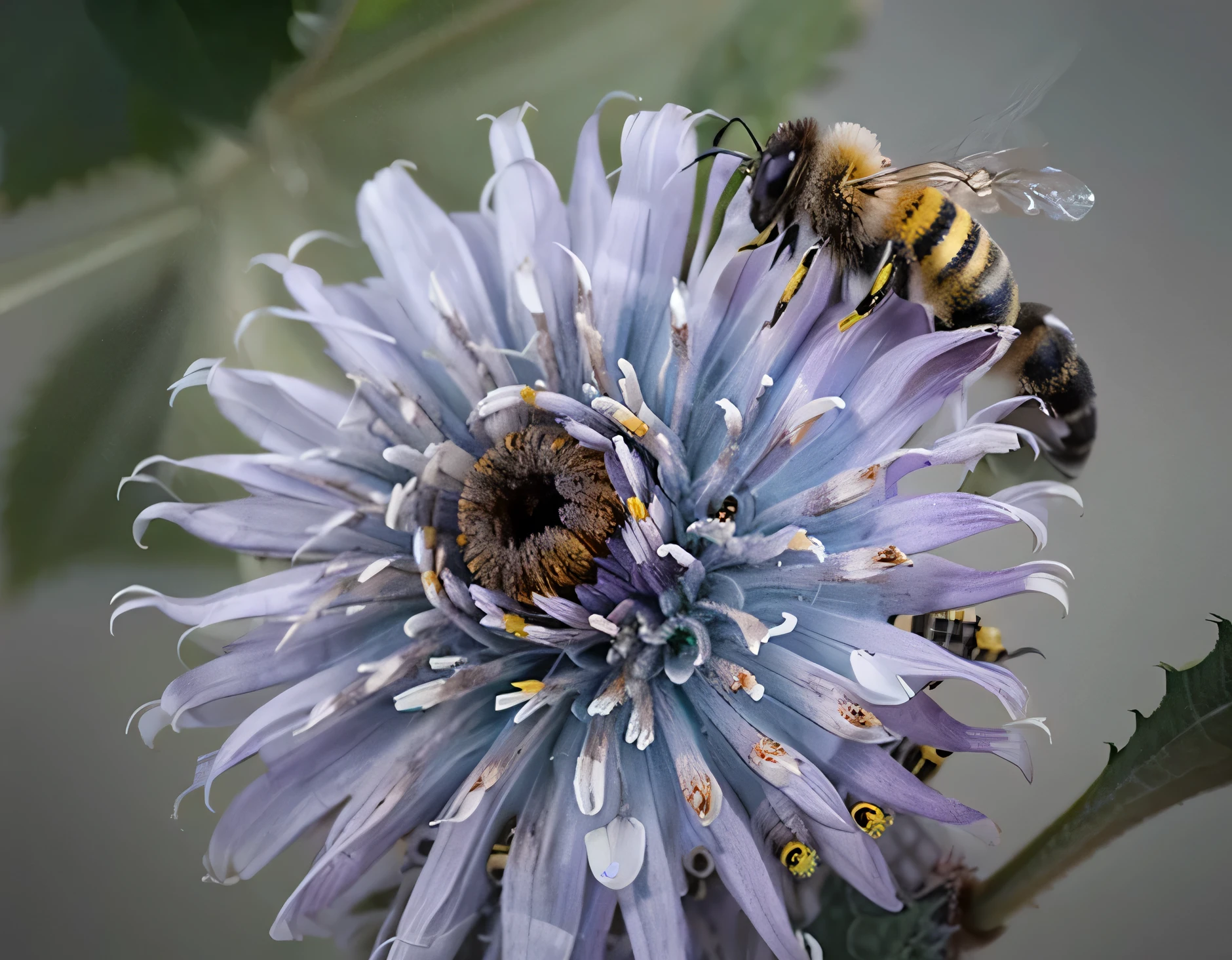 arafed bee on a purple flower with a blurry background, what a bumbler!, (bee), by Juergen von Huendeberg, by Jan Rustem, bumblebee, big bee, close-up photo, close - up photo, bee, closeup photo, close photo, giant corn flower head, postprocessed, close-up shot