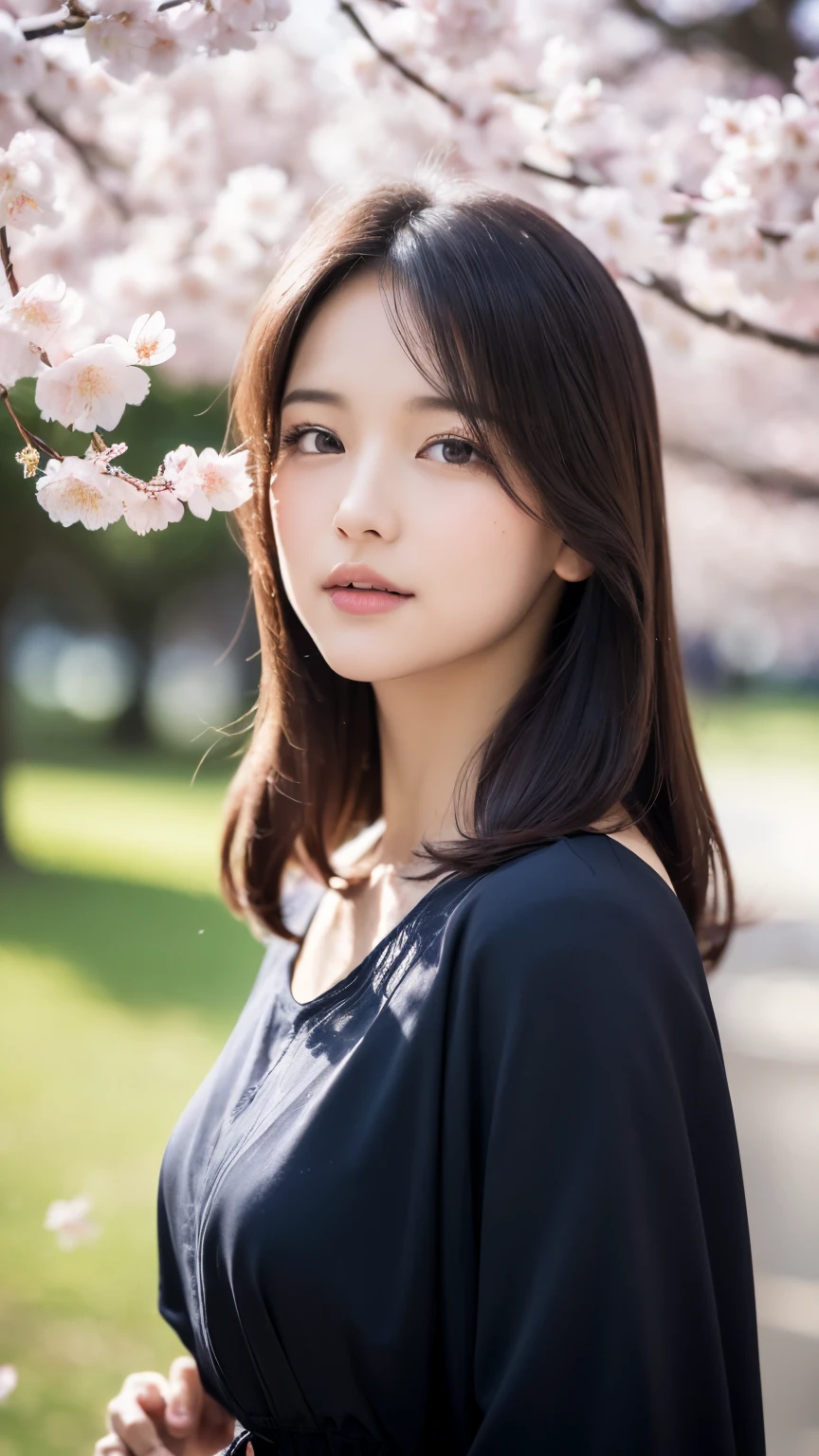 (A logo、masterpiece、8K、masutepiece、Raw photo、Fantastic、Best Quality、Photorealistic and ighly detailed CG integrated 8k wallpaper、hightquality、ighly detailed、epic poem、Particle effect、Dynamic effects、depth of fields、Cinematic Light、Lens Flare、Ray tracing)、Fantasia、 (Beauty 1 person、doress、Dress、Cherry blossom pattern、A dark-haired、Beautiful face、Real Face、beautiful details eyes beautiful skin)、my hair dances in the wind、Hair flutters in the wind、Hair jumps、Pink cherry blossom tree、Petals flutter、Sakura blizzard、Superb view、morning glow、Sun in the background、the wind、