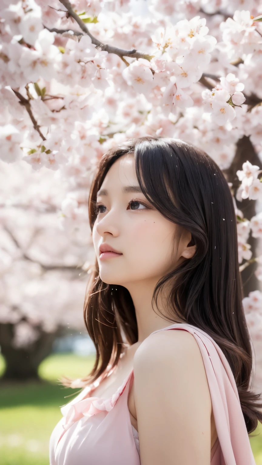 (A logo、​masterpiece、8K、masutepiece、Raw photo、Fantastic、Best Quality、Photorealistic and ighly detailed CG integrated 8k wallpaper、hightquality、ighly detailed、epic poem、Particle effect、Dynamic effects、depth of fields、Cinematic Light、Lens Flare、Ray tracing)、Fantasia、 (Beauty 1 person、doress、Dress、Cherry blossom pattern、A dark-haired、Beautiful face、Real Face、beautiful details eyes beautiful skin)、my hair dances in the wind、Hair flutters in the wind、Hair jumps、Pink cherry blossom tree、Petals flutter、Sakura blizzard、Superb view、morning glow、Sun in the background、the wind、