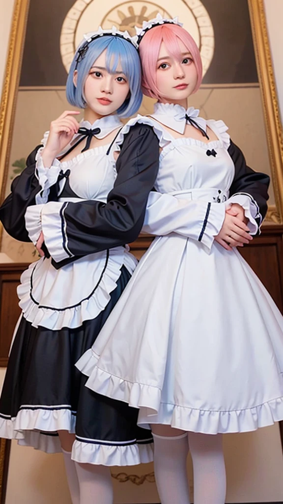 (8K, Photorealistic, Raw photo, of the highest quality: 1.3), (1girl in), Super beautiful, (Realistic face), (boyish, Silver Color Berry Shorthair), Beautiful , Glare that captivates the viewer, Beautiful expression, Beautiful breasts, (Realistic skin), Be...Create a detailed and colorful image of Ram and Rem from Re:Zero, standing back-to-back in their maid outfits, with a magical fantasy background、ars old, two girls,cute, perfect face, beautiful, nice body, gothic lolita clothes, gothic lolita fashion, frilly skirt, headdress, necklace, bracelet, knee-high socks, boots, double eyelids, tear bags, Detailed down to the fingers, photo-like description, indoors, dim indoor lighting, one girl is pink hair and short bob, another girl is light blue hair and short bob,standing, whole body, composition that shows the whole body, smiling,The Both of them are wearing the same type of maid outfit