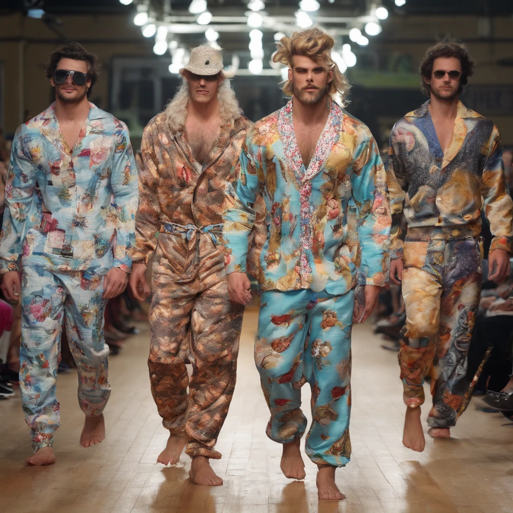 High fashion show, beautiful men models walk down the catwalk in different   funny strange awful pajamas