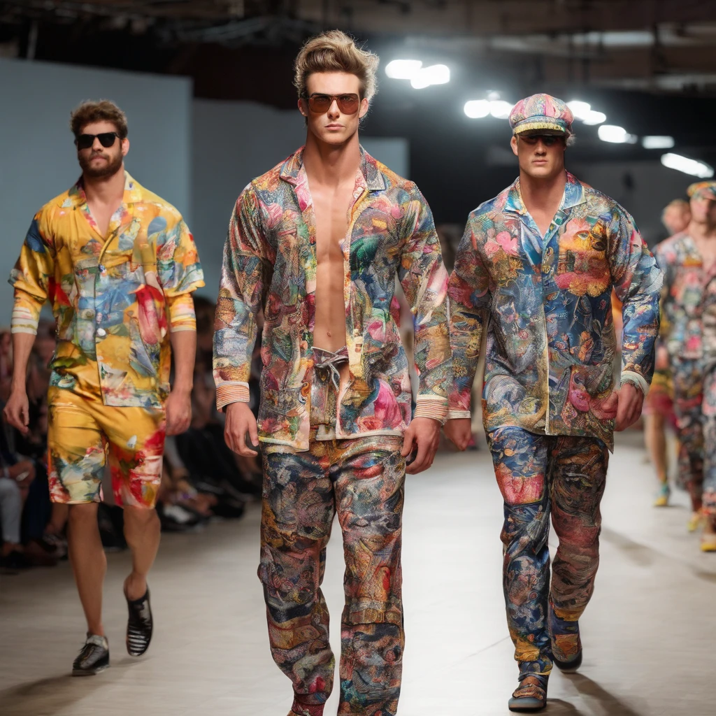 High fashion show, beautiful men models walk down the catwalk in different funny strange awful pajamas