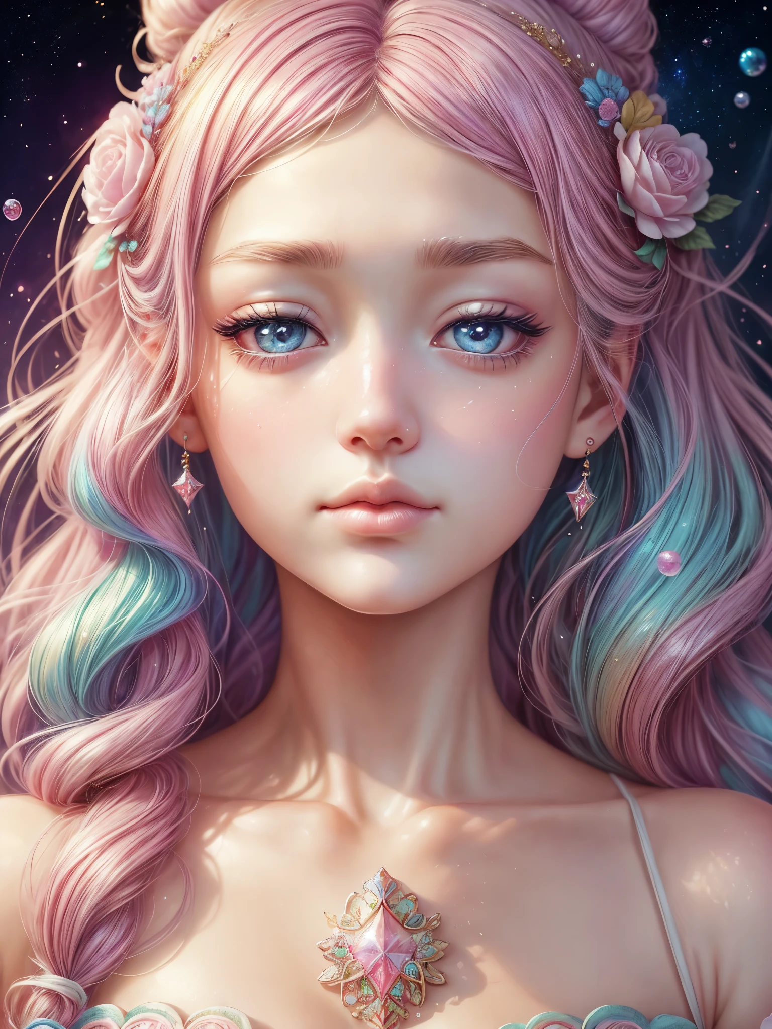 ((masutepiece)). This artwork is sweet, dreamy and ethereal, Soft pink watercolor shades and many glamorous cotton candy accents. Generate and explore delicate and discreet English fairies (A world of bubblegum in a wide variety of pastel colors). Her sweet face is very detailed and realistic、It has elegant features and a sweet and subtle expression.、It looks like this ((Gigi Hadid)). Include mature features, Puffy lips, And stunning, extremely realistic eyes. Her eyes are important.、Must be realistic, Highly detailed, and beautiful. High-definition and detailed, Include many details like stars, intergalactic, colorful bubble, colorful petals, And a lot of energy and emotions! Stars and colorful bubblegum bubbles are important! Include fantasy details, Enhanced details, Iridescence, Colorful glittering breeze, And pollen. Pay special attention to her face、Make sure it's beautifully and realistically detailed. The image should be dreamy and ethereal.8K, Convoluted, Elegant, Highly detailed, An majestic, digital photo