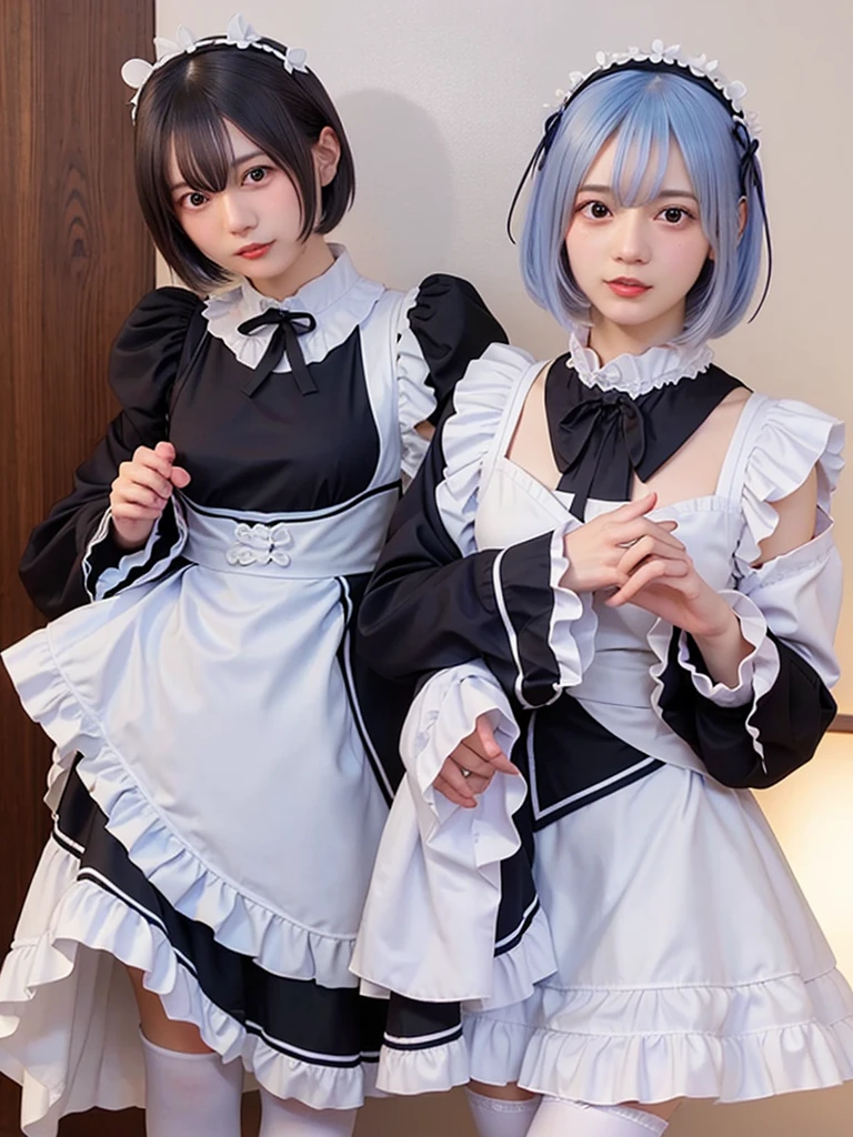 (8K, Photorealistic, Raw photo, of the highest quality: 1.3), (1girl in), Super beautiful, (Realistic face), (boyish, Silver Color Berry Shorthair), Beautiful , Glare that captivates the viewer, Beautiful expression, Beautiful breasts, (Realistic skin), Be...Create a detailed and colorful image of Ram and Rem from Re:Zero, standing back-to-back in their maid outfits, with a magical fantasy background、14years old, two girls,cute, perfect face, beautiful, nice body, gothic lolita clothes, gothic lolita fashion, frilly skirt, headdress, necklace, bracelet, knee-high socks, boots, double eyelids, tear bags, Detailed down to the fingers, photo-like description, indoors, dim indoor lighting, one girl is pink hair and short bob, another girl is light blue hair and short bob,standing, whole body, composition that shows the whole body, smiling,The Both of them are wearing the same type of maid outfit