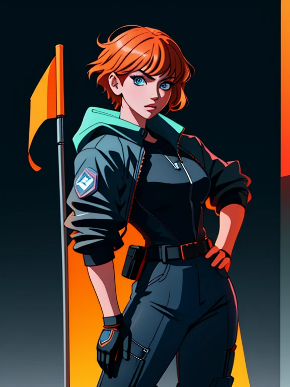 1girl, Sexy Experienced Cyberpunk Agent, short orange hair, blue eyes, (Wearing: black tight jumpsuit, utility belt, boots), light skin, natural makeup, athletic body, holding two pistols with both hands, looking fiercely at the viewer. heroic pose, full-length, full body, fight scene, full-length, Scarlett Johansson, super face detail, Very detailed, 8k, dark tone, dark shadow, glow in the dark, game color correction, (HDR, UHD, 64k, best quality, RAW photo, best quality, masterpiece: 1.5), UHD, hd, k, hyperrealism, very detailed, full of bodies, hyperrealism, very detailed, in hyper-realistic detail, hyper-realistic full-body detail, high detailed, digital painting, trending on artstation, HD quality
