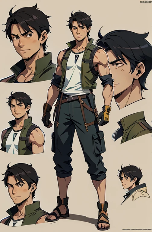 Concept ART Versions ,gojou wakana, Human Male 19 age , Black hair ,Engineer ,Tired eyes ,cute Smile , Brown pupils, Gloves