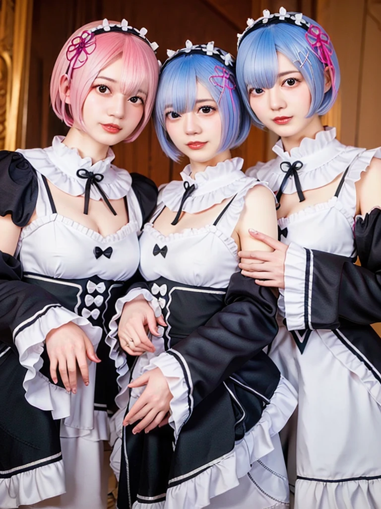 (8K, Photorealistic, Raw photo, of the highest quality: 1.3), (1girl in), Super beautiful, (Realistic face), (boyish, Silver Color Berry Shorthair), Beautiful , Glare that captivates the viewer, Beautiful expression, Beautiful breasts, (Realistic skin), Be...Create a detailed and colorful image of Ram and Rem from Re:Zero, standing back-to-back in their maid outfits, with a magical fantasy background、14years old, two girls,cute, perfect face, beautiful, nice body, gothic lolita clothes, gothic lolita fashion, frilly skirt, headdress, necklace, bracelet, knee-high socks, boots, double eyelids, tear bags, Detailed down to the fingers, photo-like description, indoors, dim indoor lighting, one girl is pink hair and short bob, another girl is light blue hair and short bob,standing, whole body, composition that shows the whole body, smiling,The Both of them are wearing the same type of maid outfit