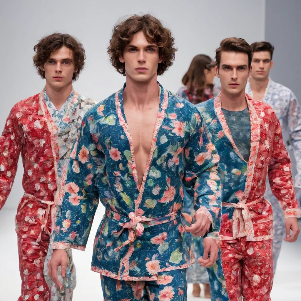 High fashion show, beautiful men models walk down the catwalk in different   funny strange awful pajamas