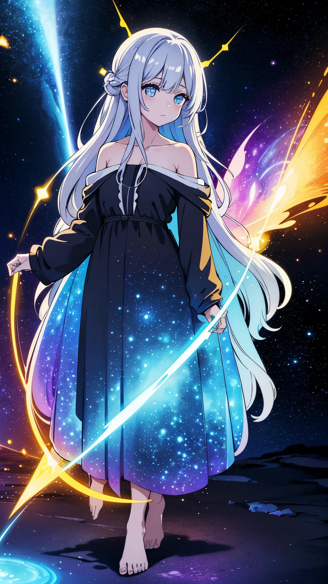 Walk towards the honey portal, radiant energy, UFO and stars in the sky, cosmic nebula, electric hue, Colorful but dark, Abstract interpretation, A psychedelic girl draws in the mind of the Angel of Death. naked. silver hair. creator of the universe.god girl。Creation God。beautiful hairstyle