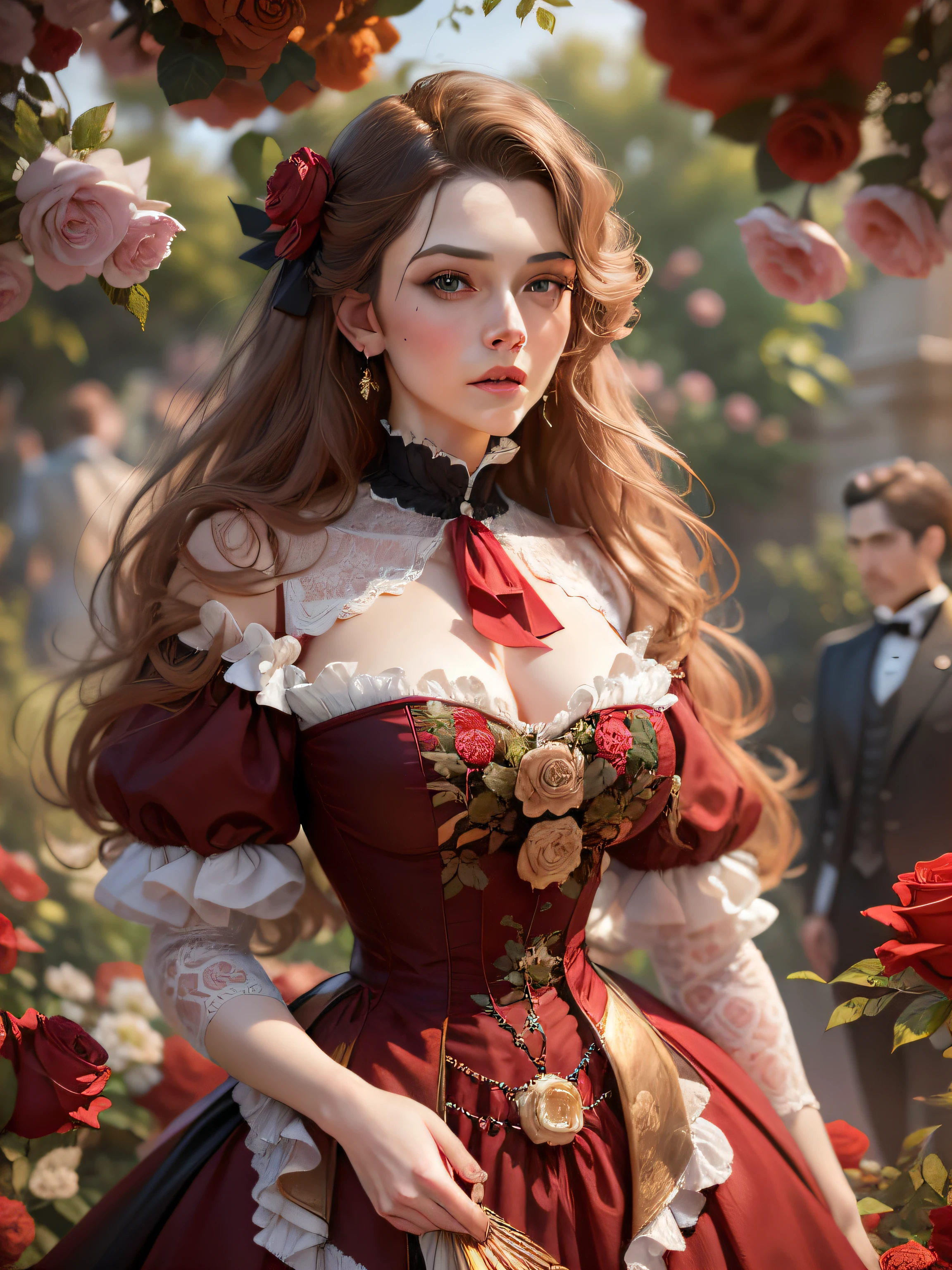 (((A hyper-realistic masterpiece))), hiquality, ultradetail, Stunning 8K Victorian Lady, Red velvet, embroidery outfit, Playful tapes, Luxurious garden with roses, A seductive gentleman.
