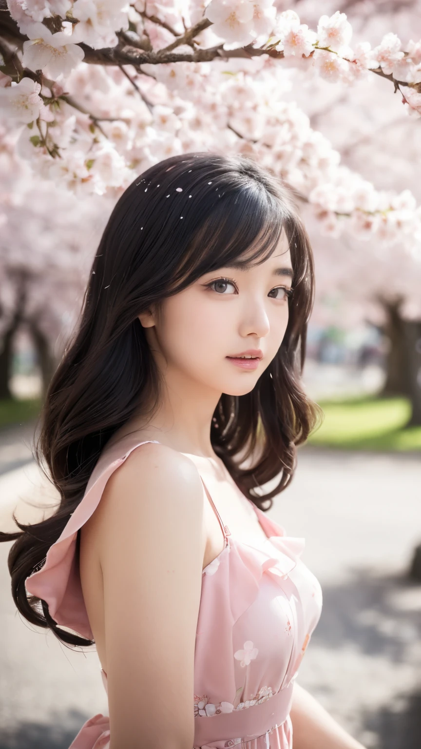 (A logo、masterpiece、8K、masutepiece、Raw photo、Fantastic、Best Quality、Photorealistic and ighly detailed CG integrated 8k wallpaper、hightquality、ighly detailed、epic poem、Particle effect、Dynamic effects、depth of fields、Cinematic Light、Lens Flare、Ray tracing)、Fantasia、 (Beauty 1 person、doress、Dress、Cherry blossom pattern、A dark-haired、Beautiful face、Real Face、beautiful details eyes beautiful skin)、my hair dances in the wind、Hair flutters in the wind、Hair jumps、Pink cherry blossom tree、Petals flutter、Sakura blizzard、Superb view、morning glow、Sun in the background、the wind、
