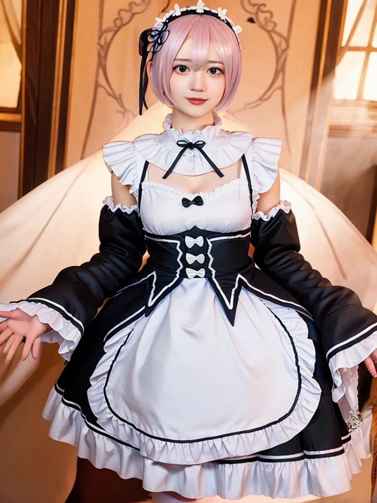 (8K, Photorealistic, Raw photo, of the highest quality: 1.3), (1girl in), Super beautiful, (Realistic face), (boyish, Silver Color Berry Shorthair), Beautiful , Glare that captivates the viewer, Beautiful expression, Beautiful breasts, (Realistic skin), Be...Super high quality, super high definition, super detailed, masterpiece, 20years old, female, cute, perfect face, beautiful, nice body, gothic lolita clothes, gothic lolita fashion, frilly skirt, headdress, necklace, bracelet, knee-high socks, boots, double eyelids, tear bags, Detailed down to the fingers, photo-like description, indoors, dim indoor lighting, blonde hair, twin tail, standing, whole body, composition that shows the whole body, smiling