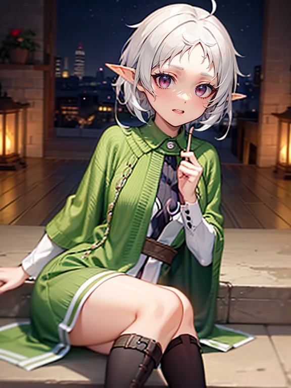 masterpiece, best quality, 1girl, smile,  Short white hair, red detailed sparkling eyes, elf ears