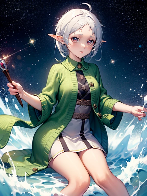 masterpiece, best quality, 1girl, smile,  Short white hair, red detailed sparkling eyes, elf ears