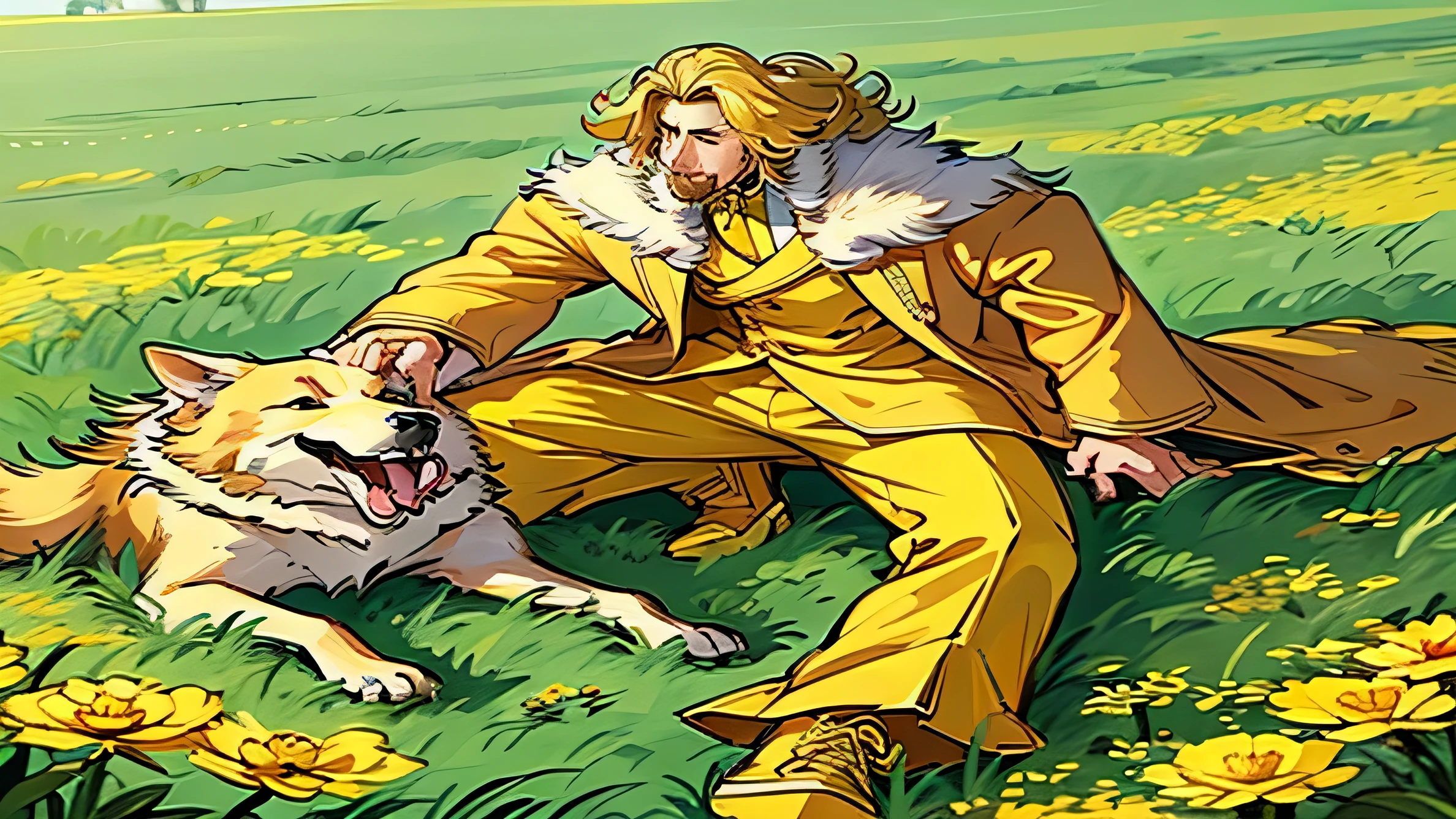 Draw a man who is a king along with a dog with golden fur and yellow shoes on a field of grass and phosphorescent yellow flowers.