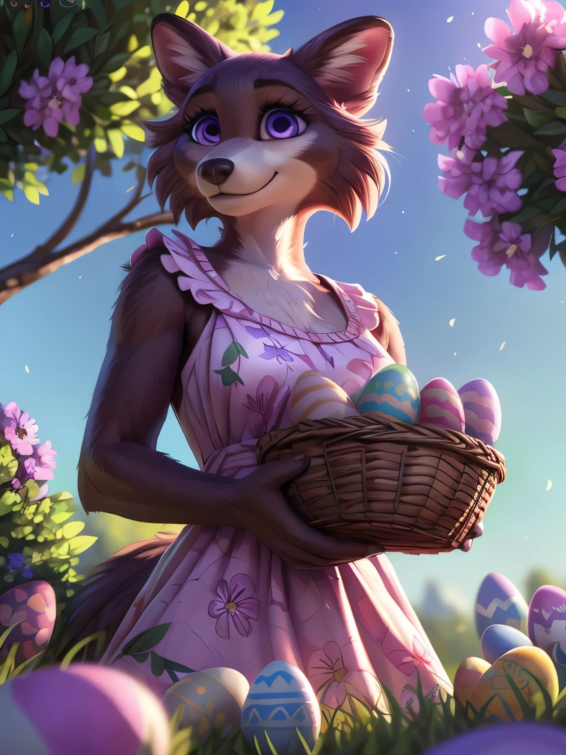 (by pixelsketcher:0.6), (by personalami :0.6), solo, furry anthro juno, female, detailed background, (cinematic lighting:1.1), (perfect focus:1.1), 8k hd, photo, (detailed eyes:1.2),depth of field, bokeh, subsurface scattering, perfect breasts, wide angle,(dress, dress with flowers,floral print dress,holding a basket with easter eggs), bright colors, (furry detail:1.3), depth of field, bokeh,natural landscape, green meadows, trees,trees with green leaves,easter eggs in the landscape,brown fur,brown body,fur body,purple eyes,anthro wolf girl, detailed fur, fluffy fur, fluffy tail,(detailed pixar purple eyes:1.2),smile, seductive smile