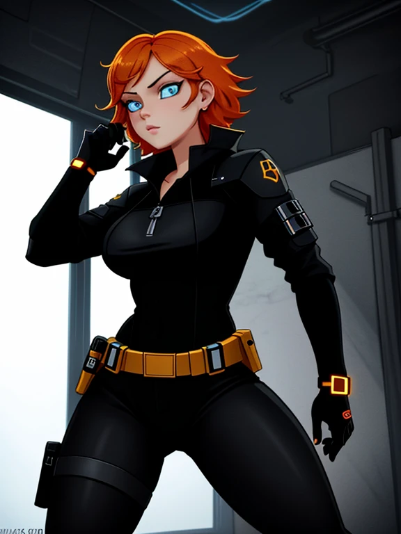 1girl, Sexy Experienced Cyberpunk Agent, short orange hair, blue eyes, (Wearing: black tight jumpsuit, utility belt, boots), light skin, natural makeup, athletic body, holding two pistols with both hands, looking fiercely at the viewer. heroic pose, full-length, full body, fight scene, full-length, super face detail, Very detailed, 8k, dark tone, dark shadow, glow in the dark, game color correction, (HDR, UHD, 64k, best quality, RAW photo, best quality, masterpiece: 1.5), UHD, hd, k, hyperrealism, very detailed, hyperrealism, very detailed, in hyper-realistic detail, hyper-realistic full-body detail, high detailed, digital painting, trending on artstation, HD quality
