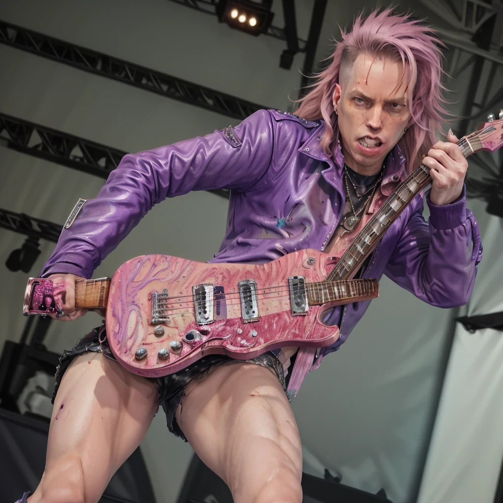 jcooper2 (masterpiece,best quality,ultra detailed,8k, digital painting) 1man, solo, an 80s heavy metal band, long hair glam rock, concert stage, microphone, hot pink electric guitar, purple leather jacket, lots of jewelry