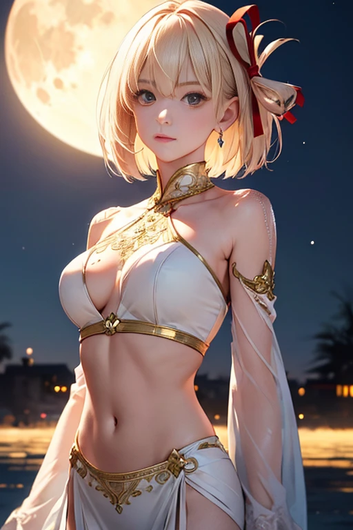 ((highest quality)), ((Masseter muscle part)), (super detailed:1.4), (32,000 images), (Ultra high definition), best anime, sharpness, best wallpaper, amazing depiction, golden ratio, control the wind:1.5, light manipulation, (Perfect anatomy without destruction), (Beautiful and delicate eyes, glossy eyes), (shiny hair:1.1, ), (Beautiful face with dense and detailed details), (dense and detailed美しい肌), (No expression:1.2), Because I'm slender, slim belly, Huge , thin waist, belly button, welcome, (dense and detailed、Beautiful shining white costume, Beautiful decoration with meticulous attention to detail, gem), full moon:1.1, background with depth:1.3, blonde、red ribbon hair ornament、((bob cut))、 starry sky,