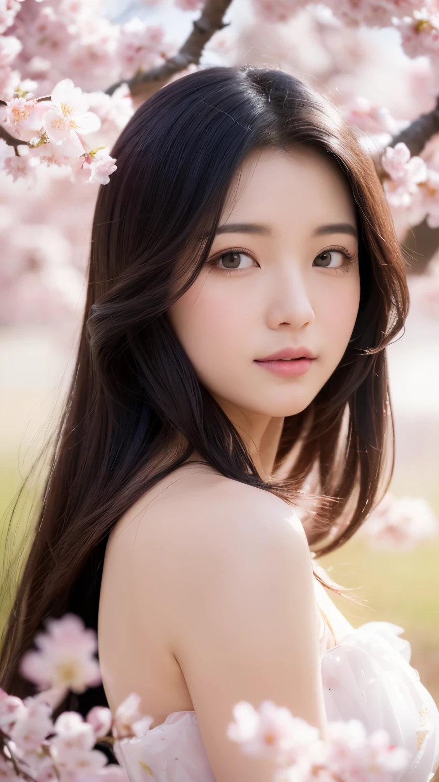 (A logo、masterpiece、8K、masutepiece、Raw photo、Fantastic、Best Quality、Photorealistic and ighly detailed CG integrated 8k wallpaper、hightquality、ighly detailed、epic poem、Particle effect、Dynamic effects、depth of fields、Cinematic Light、Lens Flare、Ray tracing)、Fantasia、 (Beauty 1 person、doress、Dress、Cherry blossom pattern、A dark-haired、Beautiful face、Real Face、beautiful details eyes beautiful skin)、my hair dances in the wind、Hair flutters in the wind、Hair jumps、Pink cherry blossom tree、Petals flutter、Sakura blizzard、Superb view、morning glow、Sun in the background、the wind、