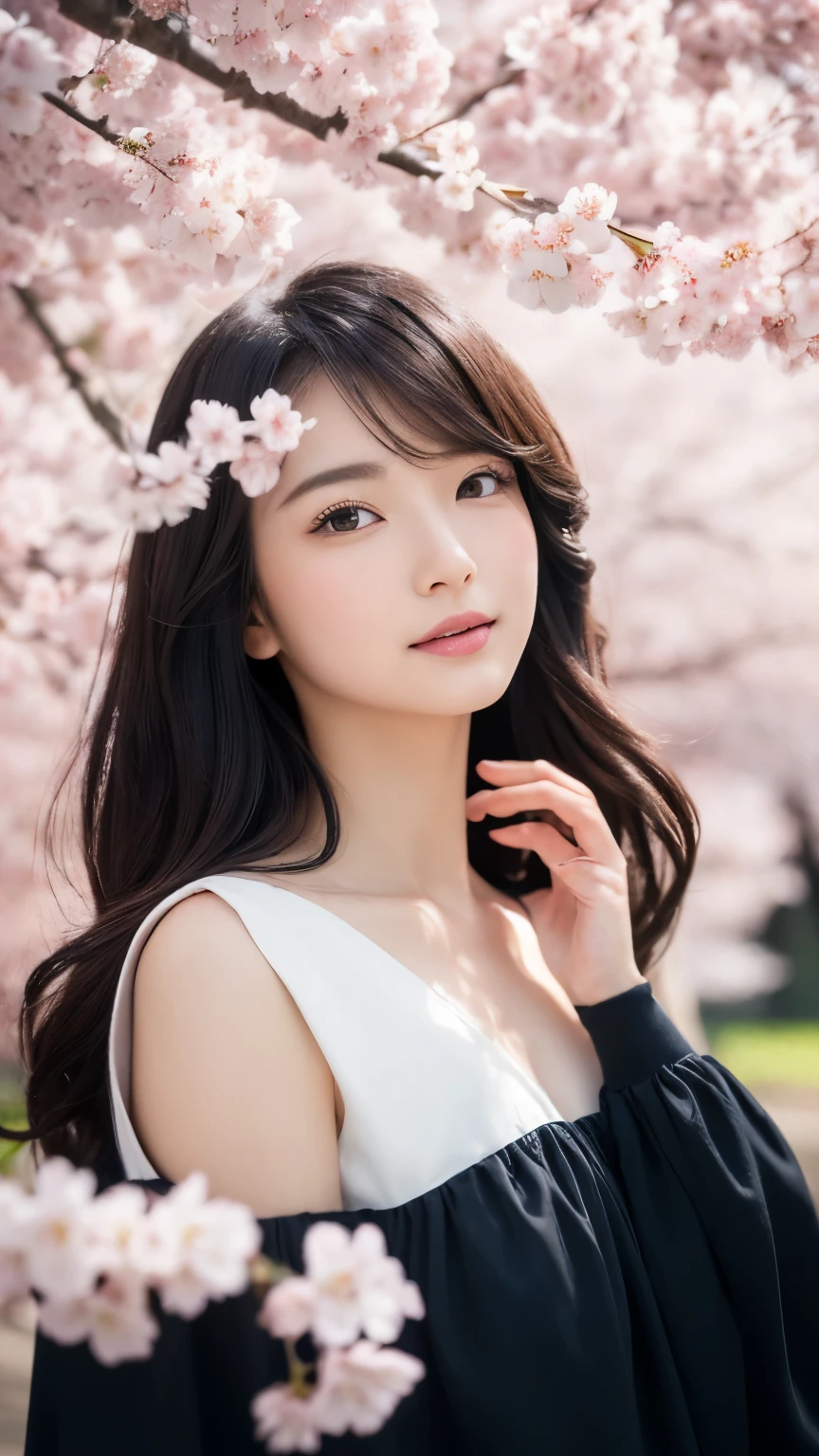 (A logo、masterpiece、8K、masutepiece、Raw photo、Fantastic、Best Quality、Photorealistic and ighly detailed CG integrated 8k wallpaper、hightquality、ighly detailed、epic poem、Particle effect、Dynamic effects、depth of fields、Cinematic Light、Lens Flare、Ray tracing)、Fantasia、 (Beauty 1 person、doress、Dress、Cherry blossom pattern、A dark-haired、Beautiful face、Real Face、beautiful details eyes beautiful skin)、my hair dances in the wind、Hair flutters in the wind、Hair jumps、Pink cherry blossom tree、Petals flutter、Sakura blizzard、Superb view、morning glow、Sun in the background、the wind、