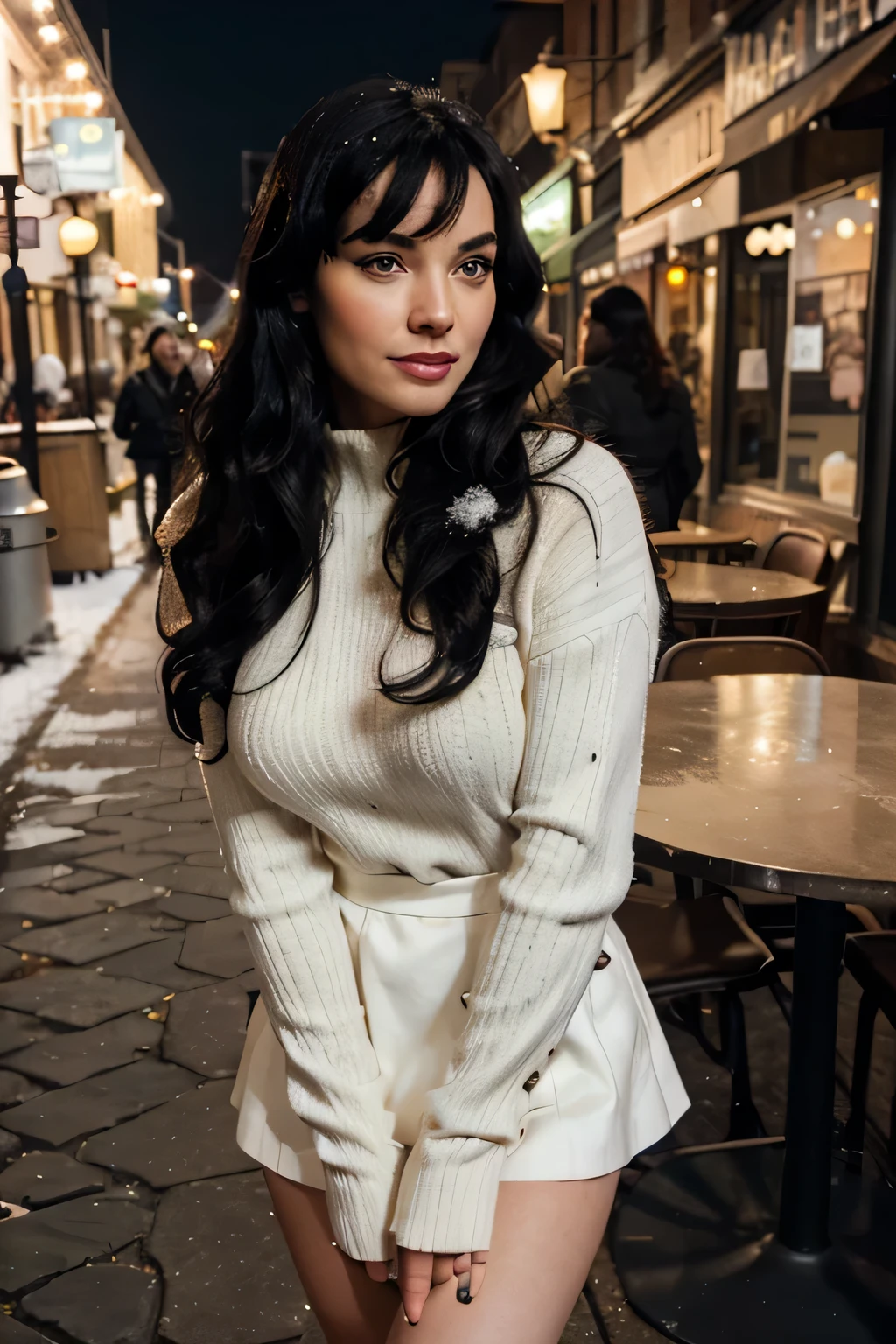 30 years old bettie page, makeup, olive skin, curly black hair (middle lenght), outside in front of the coffee shop , nightly winter times, snow falling, nightlight seductive smile,maxy super long  black military leather trench , white wool sweater, high white boots, maxylarge  wool skirt, white cloth gloves, , high detail face, high detail clothes, ultrarealistic, dark shot, cinematic, professional photo 32k, Ultra HD 