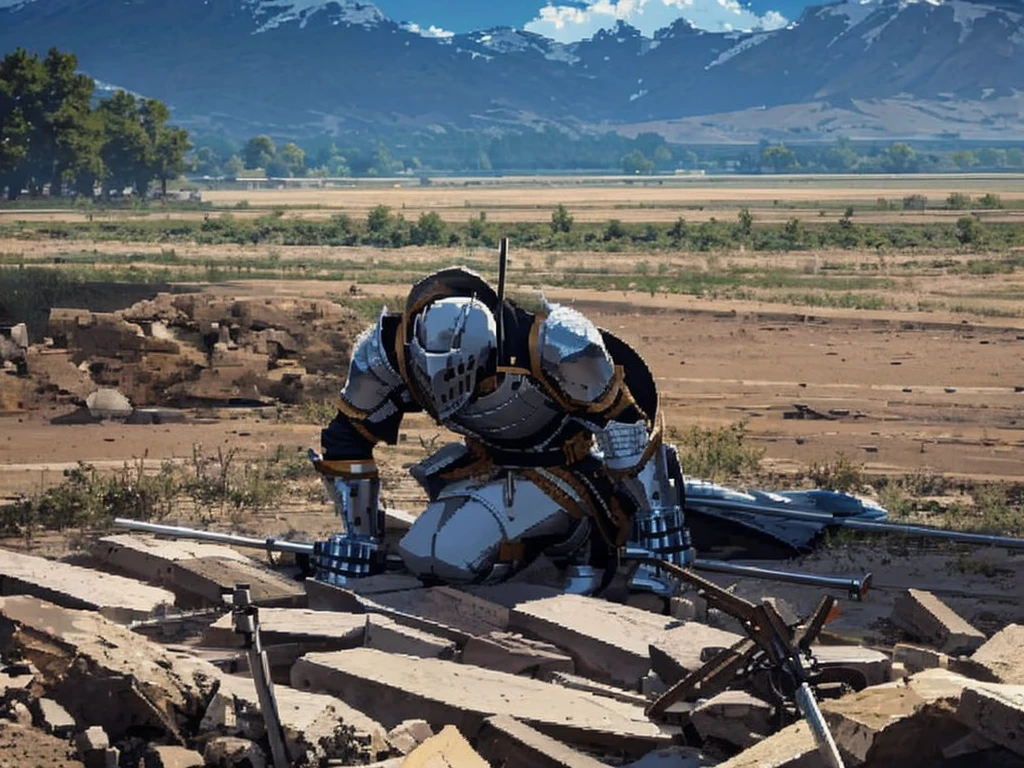 a knight defeated on his knees with his hands over his knees, looking at the ground on a battlefield with dead knights in the background, a semi-clear gray sky, and a sword encrusted in the floor aside from him