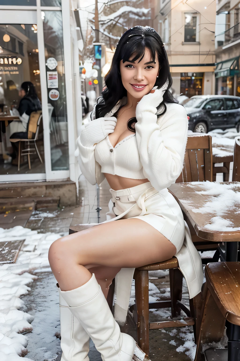 30 years old bettie page, makeup, olive skin, curly black hair (middle lenght), outside in front of the coffee shop , slippin on the ice and falling to the ground , winter times, snow falling, daylight seductive smile, longest ever white leather trench , white wool sweater, high white boots, maxy wool skirt, white cloth gloves,