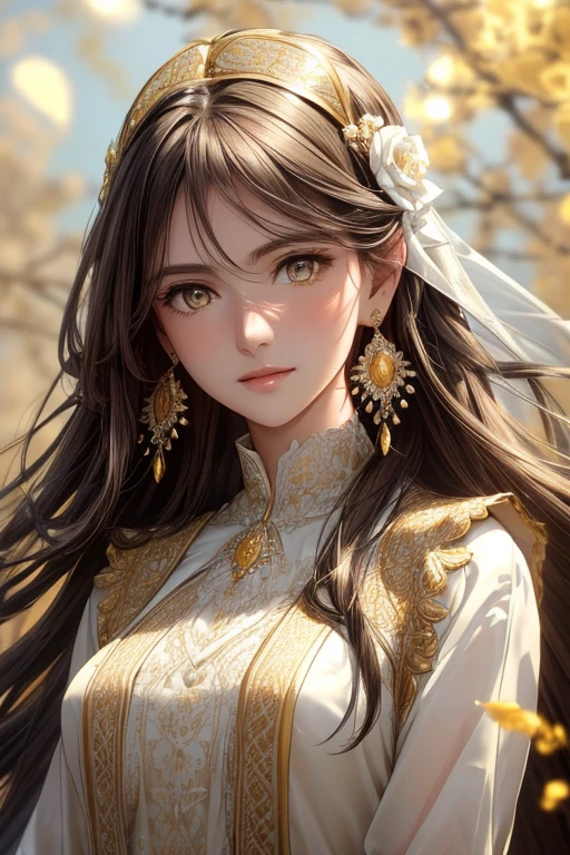 (masterpiece,highest quality,ultra_be familiar with,High resolution,disorganized) alone, female focus, Mysterious, very gorgeous, 1 mature woman, 20ish, long brown hair, floating hair, side lock, beautiful be familiar with Glass hair, delicate beautiful face, Smile, Iridescent and colorful eyes (be familiar with eyes), delicate arms and hands, small_chest, (yellow eyes), white skin, delicate metal decoration, earrings, beautiful and gorgeous necklace, flowing lace, surreal, complex light, Falling orange petals, Lens flare, disorganized, High resolution, Very detailed 8KCG wallpaper, simple background, ((close up shot)), (((modern clothes))) (vest, looking at the viewer, collared shirt, long sleeve, white shirt, black vest, earrings).