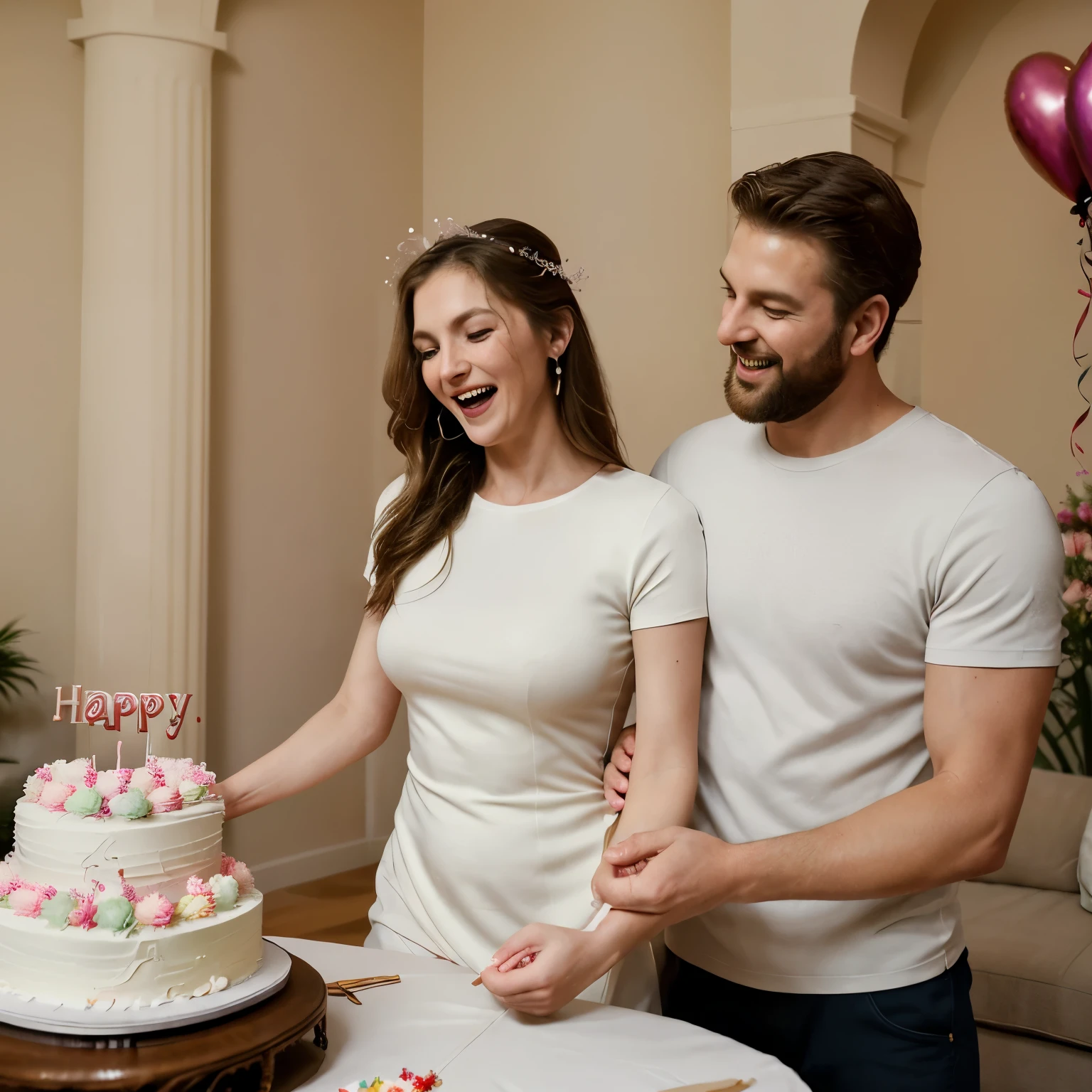 A handsome man with a thin beard and athletic body wearing a tight shirt shoing a full arm tattoo blowing a birthday cake candles with marvin letters written on it on his 45th birthday surrounded with his beautiful gorgeous elegant sexy wife jn a gorgeous dress, beautiful age daughter and handsome teenboy in their fancy ,expensive and luxurious living room, laughing, giggling, joy , happy family, happy ocassion, family event, clapping hand, celebrating husband burthday, heart warming , romantic , fun, wife kissing husband, Photorealistic, Ultra realistic, detail face, cutting birthday cake, 45 number candle, surprise party