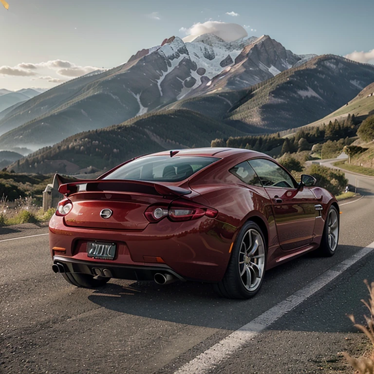 Low-slung sports car in metallic red color with a low front and spoiler at the rear with subtle green stickers and behind a beautiful landscape of a road and mountains 