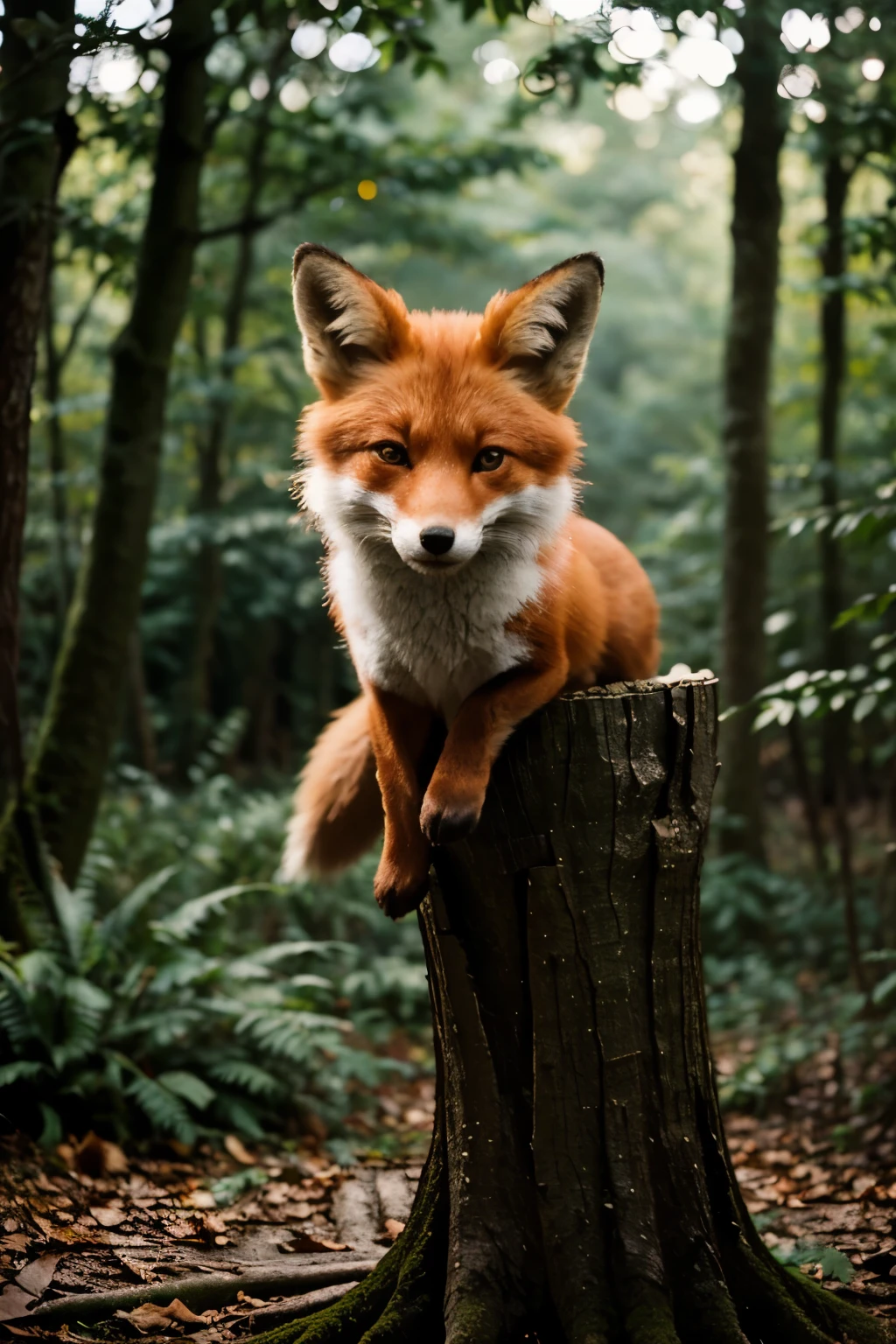 cinematic photo, In the dreamy forest a little fox sits on a tree trunk, 35mm photograph, film, bokeh, professional, 4k, highly detailed