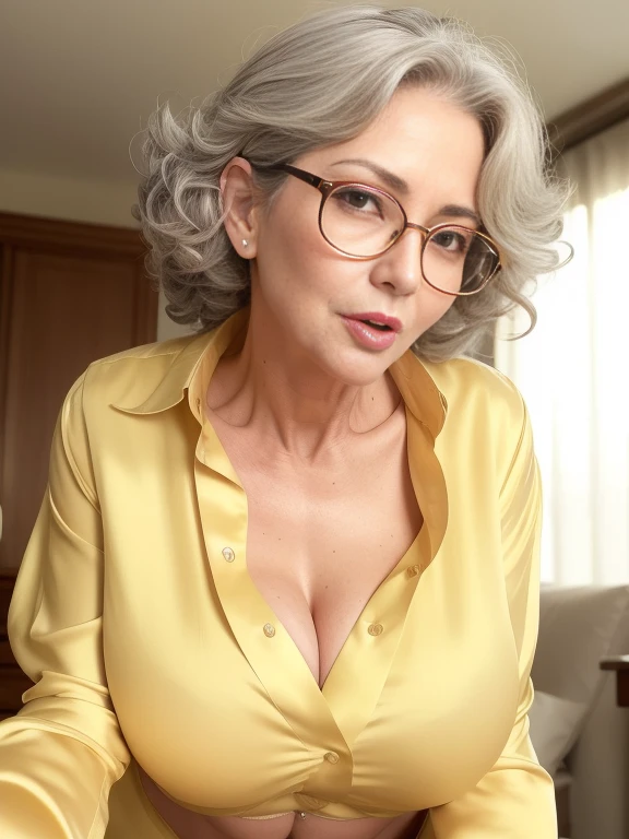 Photo of a mature american woman,Milf,beautiful face,curly blonde hair, nude, wrinkles, aged, thick rimmed glasses, realistic breasts, round breasts, pubic hair viewable, laying in bed, legs spread, nsfw, erotic, explicir