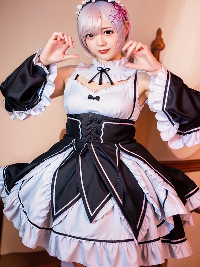 (8K, Photorealistic, Raw photo, of the highest quality: 1.3), (1girl in), Super beautiful, (Realistic face), (boyish, pink Color Berry Short hair), Beautiful , Glare that captivates the viewer, Beautiful expression, Beautiful breasts, (Realistic skin), Be...Super high quality, super high definition, super detailed, masterpiece, 20years old, female, cute, perfect face, beautiful, nice body, gothic ta clothes, gothic loliashion, frilly skirt, headdress, necklace, bracelet, knee-high socks, boots, double eyelids, tear bags, Detailed down to the fingers, photo-like description, indoors, dim indoor lighting, blonde hair, twin tail, standing, whole body, composition that shows the whole body, smiling