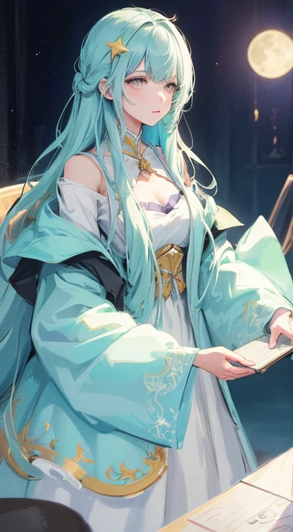 I have one girl，pretty dress，long hair，night，moon，glow worm，star，インディーGame concept art, Beautiful artwork illustration, illustration concept art, comfortable， dreamy digital painting, background artwork, Magic fantasy 2D concept art, emotional concept art, Game concept art, digital painting concept art, concept art digital illustration, dreamy illustration，high details，high quality，good atmosphere，Delicate，cg rendering，Detailed rendering，（Delicate表情描写）（drawing of thin hair）（最high quality）（master masterpiece）（High degree of perfection）（sense of atmosphere）（half body portrait）